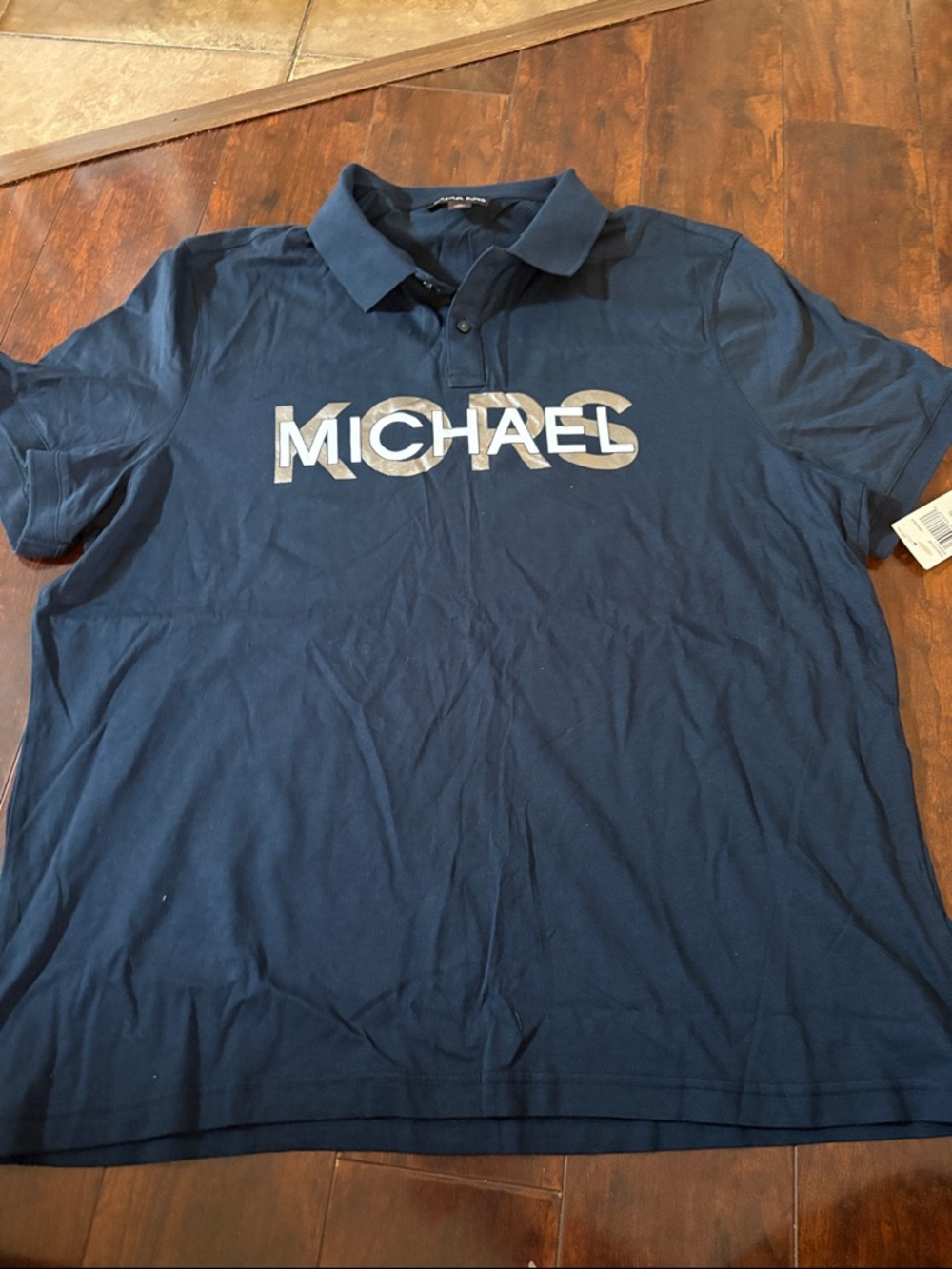 Michael Kors Men's Dark Blue Polo with Bold Silver Logo